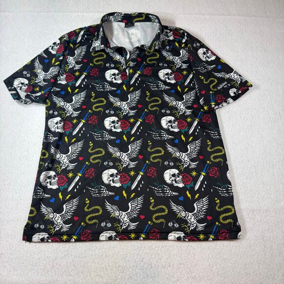 Golf Gods Lg Short Sleeve Polo All Over Print Tattoo Style Graphics Snakes Eagle - Picture 2 of 10